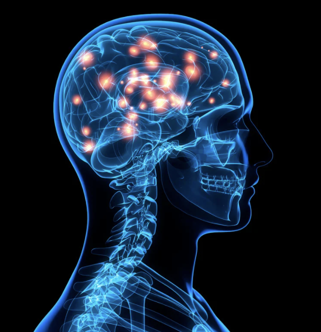 An x-ray look at the brain thinking, with sparks indicating thought patterns