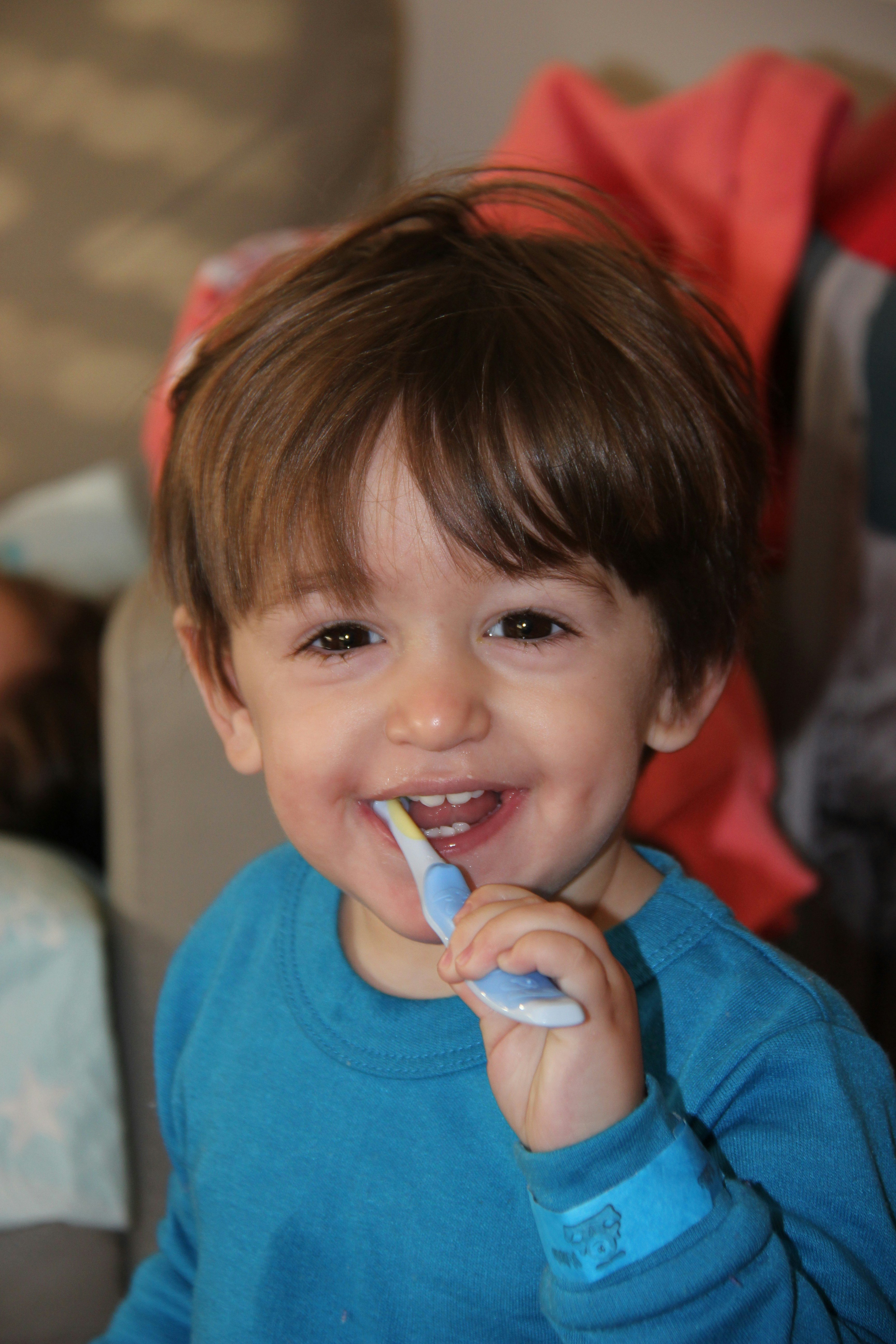 boy in blue shirt brushing teeth