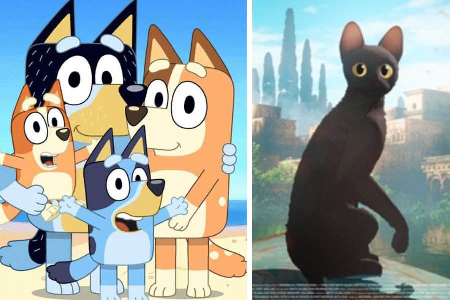 Promotion image for Bluey; Promotion image for Flow