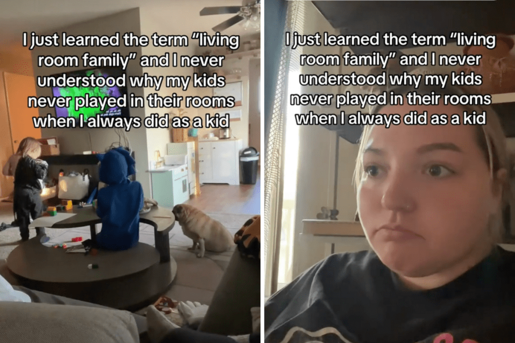 Living room with kids and dog and close-up of a woman