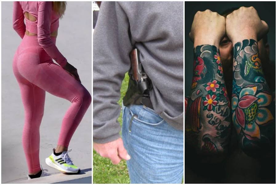 yoga pants, tattoos, guns