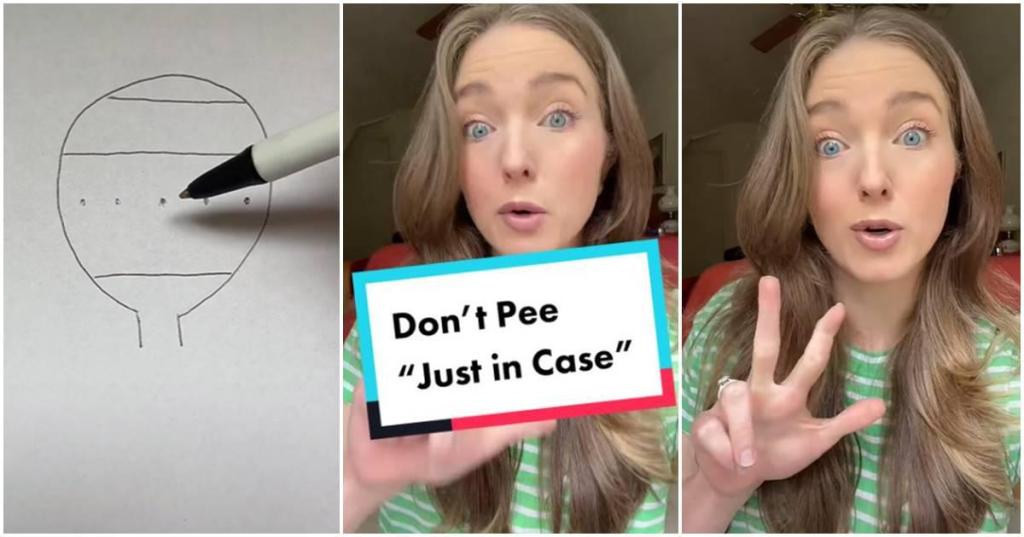 bladder illustration, woman speaking to camera behind "Don't Pee 'Just In Case'" title overlay