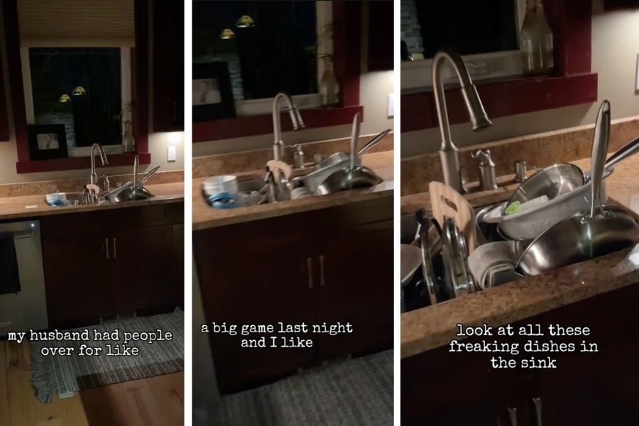 Three photos of dishes in the sink