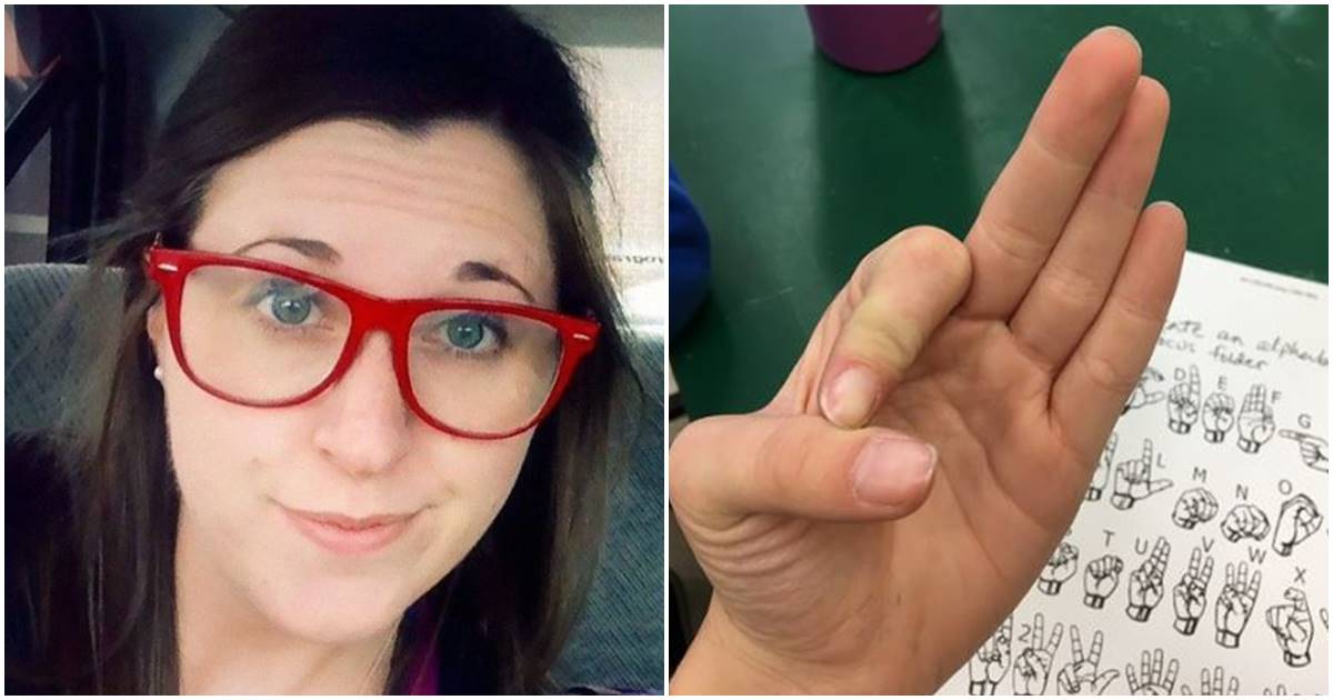 Woman's face; hand doing ASL