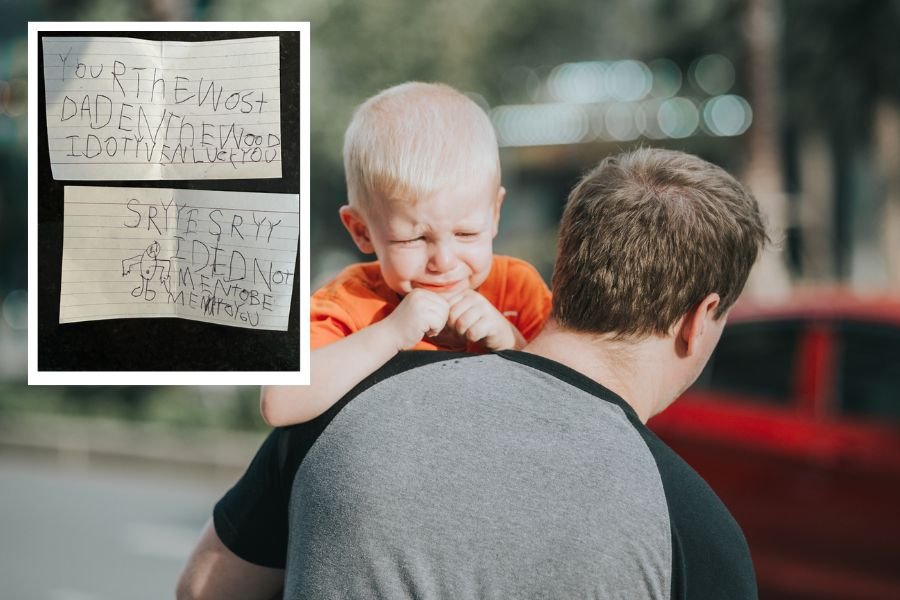 father holding son; overlay of handwritten notes from child