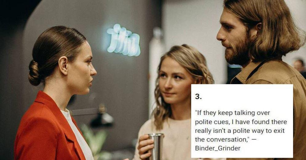 Three people engaged in conversation at a party.