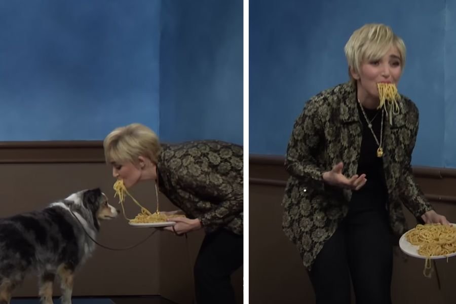 blonde woman eats spaghetti with a dog