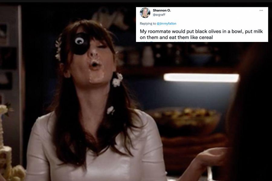 woman wearing an eyepatch with popcorn in her hair beside a comment