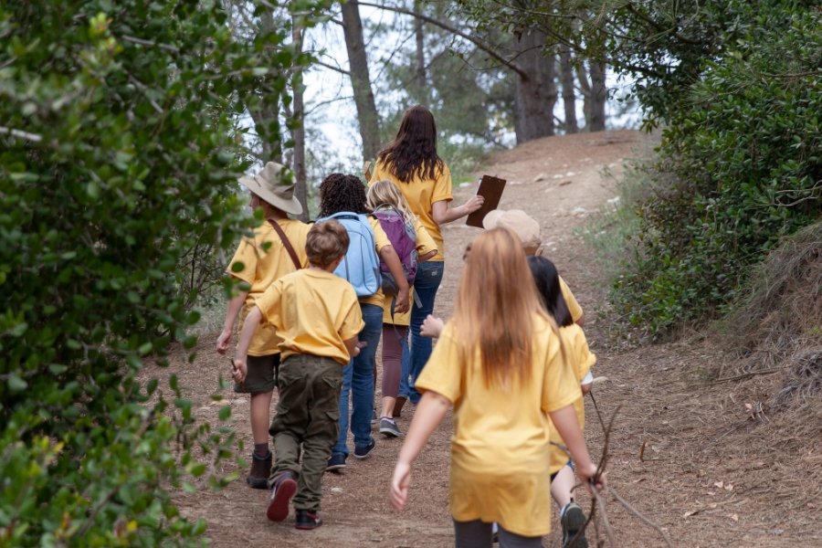 kids campers hiking in the woods