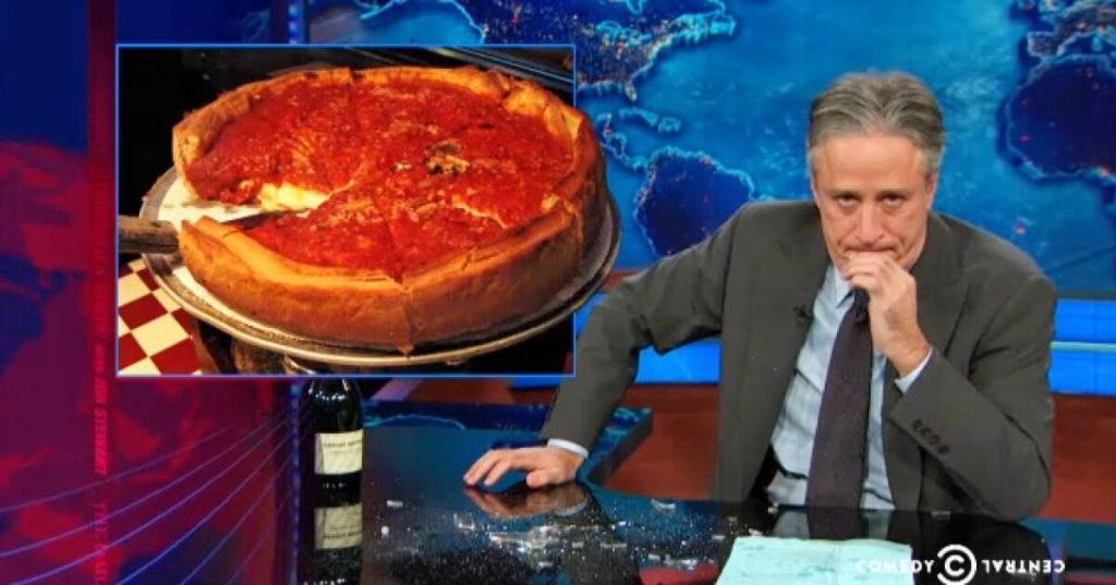 screenshot of John Stewart beside photo of pizza