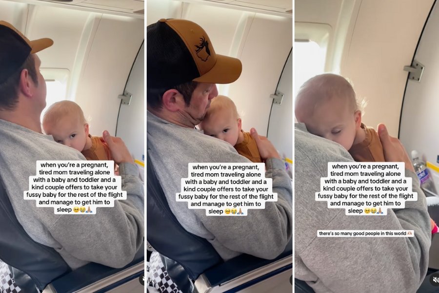 man holding baby on an airplane