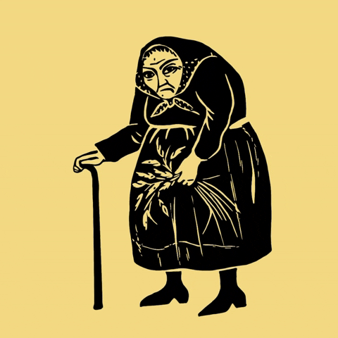 gif of old woman with cane against yellow background 