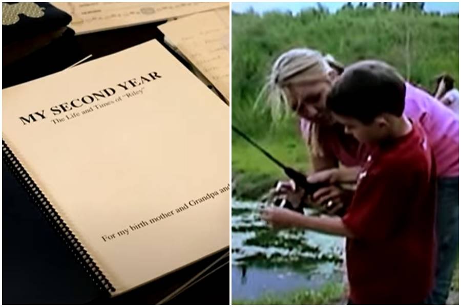 a notebook titled "My Second Year"; a woman teaching her son to fish