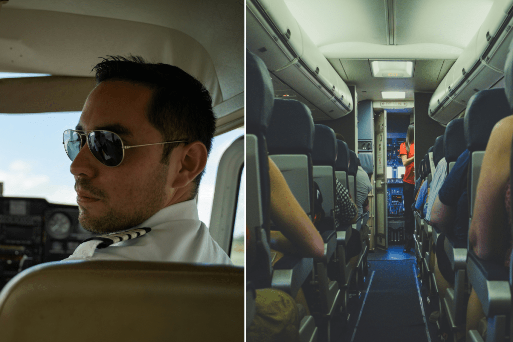 a pilot sitting in the cockpit; view of a plane seat aisle