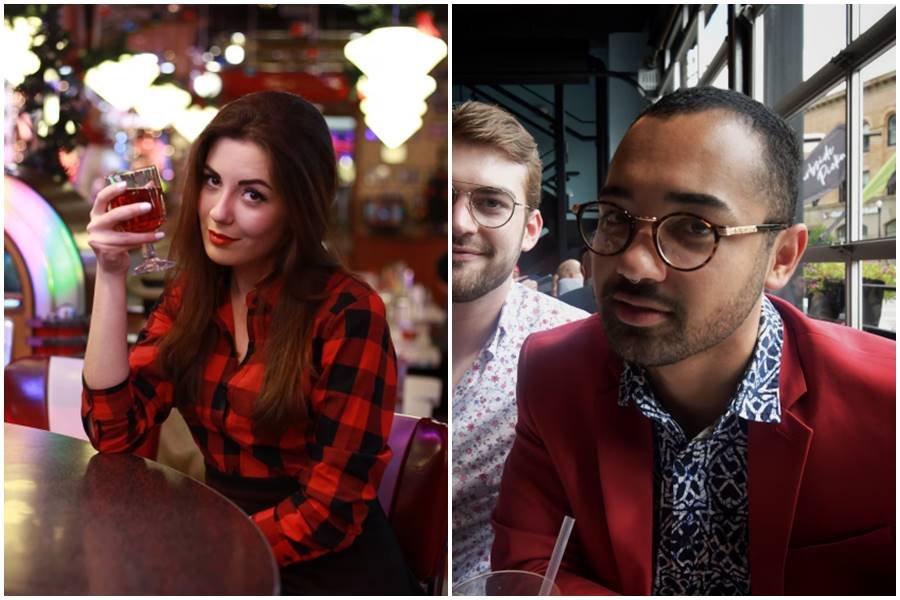 A woman is flirting with a gay man at a bar.