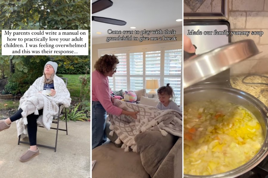 woman relaxing while her mom takes care of her child and cooks soup