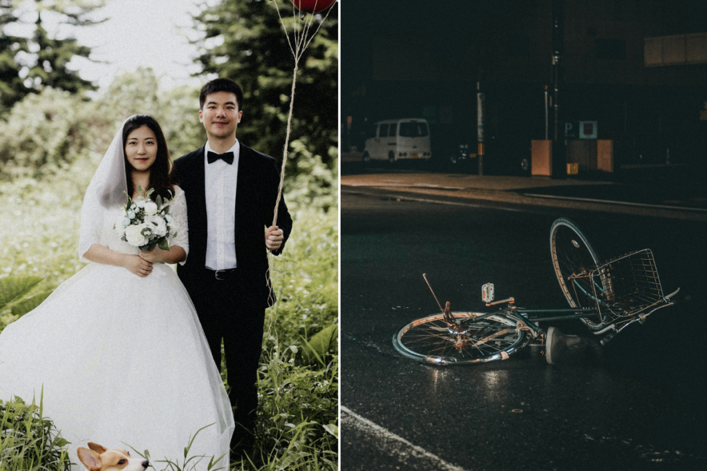 bride and groom; a bicycle overturned on the street