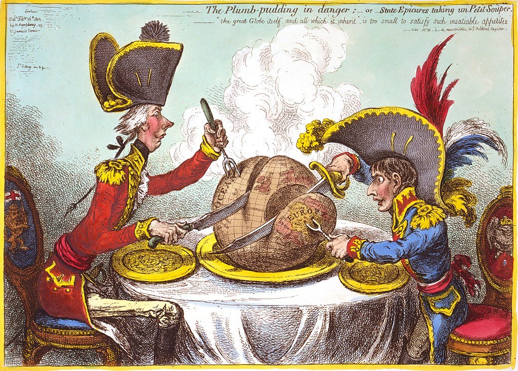 political cartoon of two men cutting up the earth