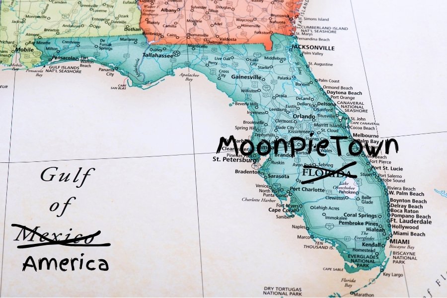 map of florida with the name changed to moonpietown and the gulf of mexico changed to gulf of america