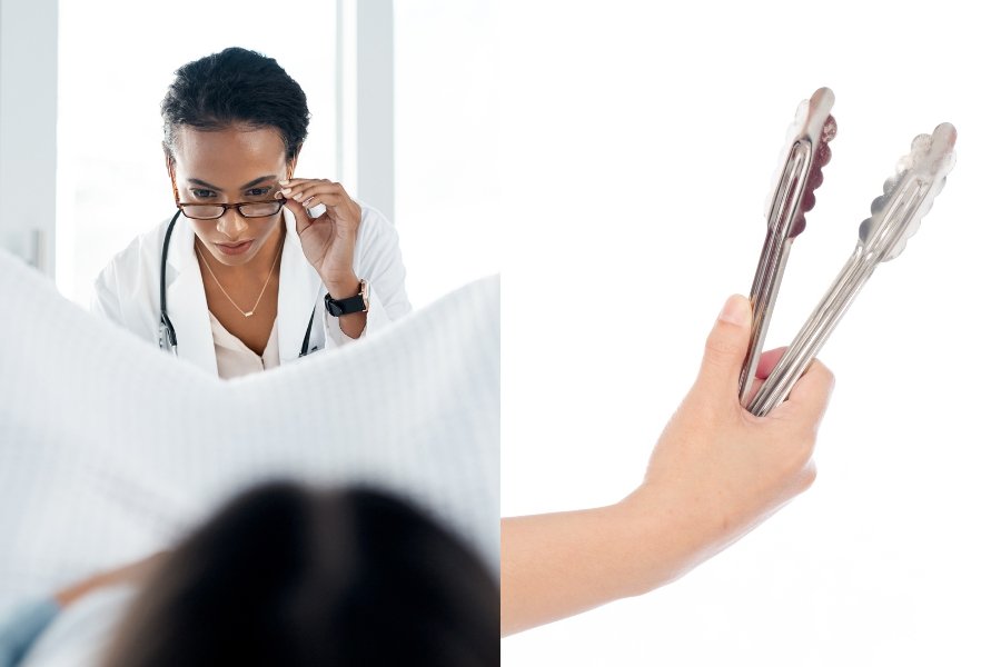 doctor doing a pelvic exam, person holding tongs