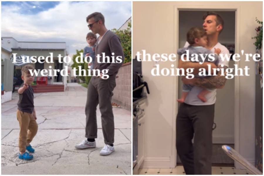 man holding a baby looks down at his son behind text overlay that read, "I used to this weird thing"; man holds baby in doorway behind text overlay that reads "these days we're doing alright"