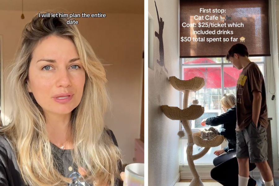 screen shot of woman speaking to cameral woman and son at a cafe