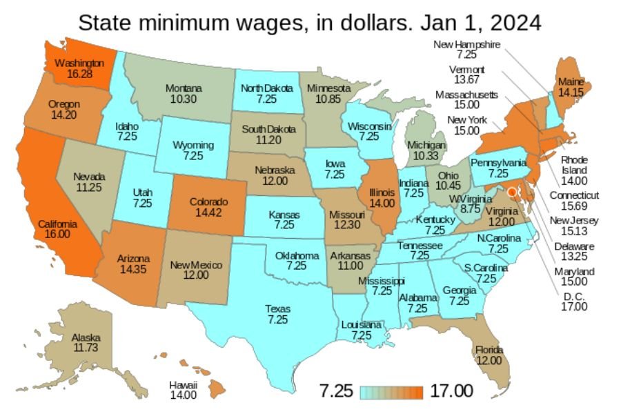 map of u.s. showing minimum wage by state
