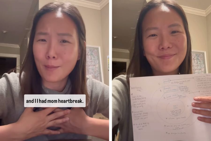 screenshots of woman talking to camera behind text that reads, "And I had mom heartbreak."