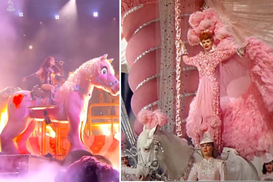 Chappell Roan performing Pink Pony Club; Lucille Ball performing in pink.