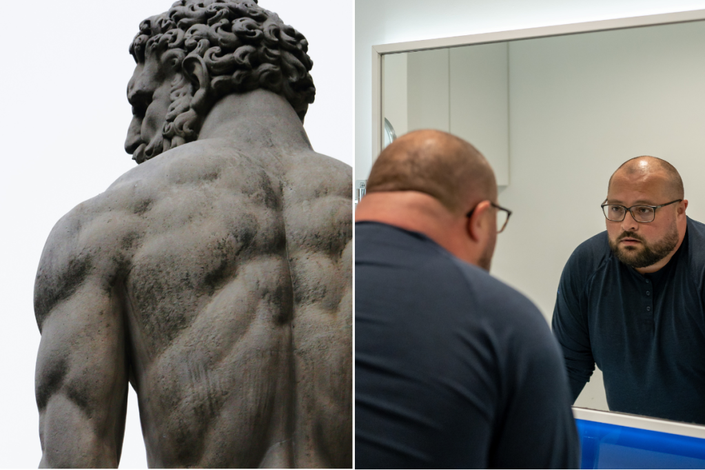 a possibly Greek statue of a man; a heavyset man looking in the mirror