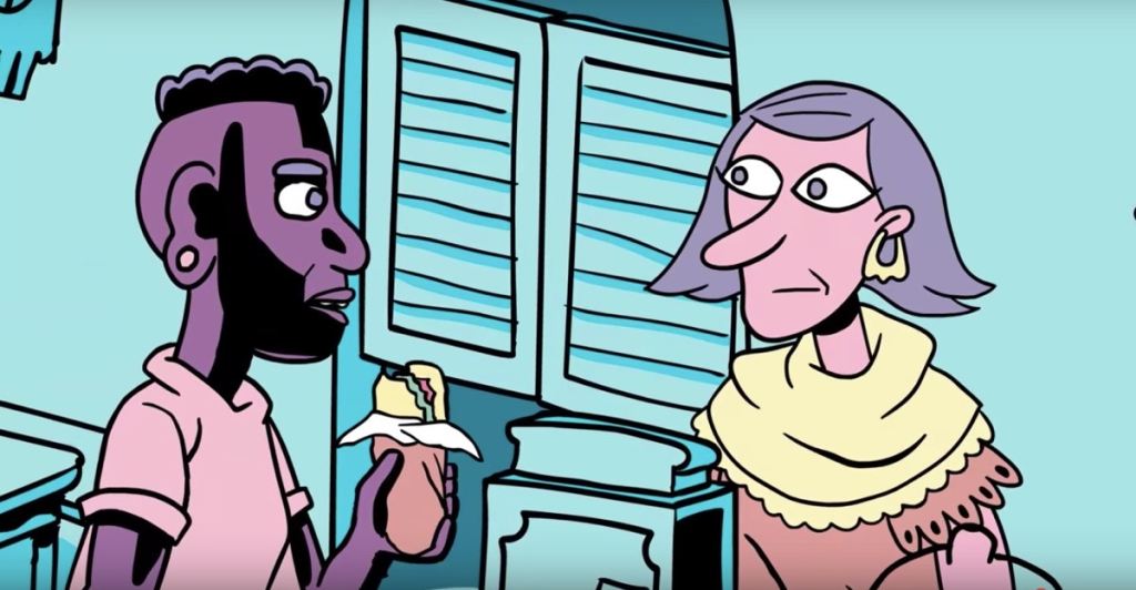 comic of a Black man holding a sandwich speaking to a white woman