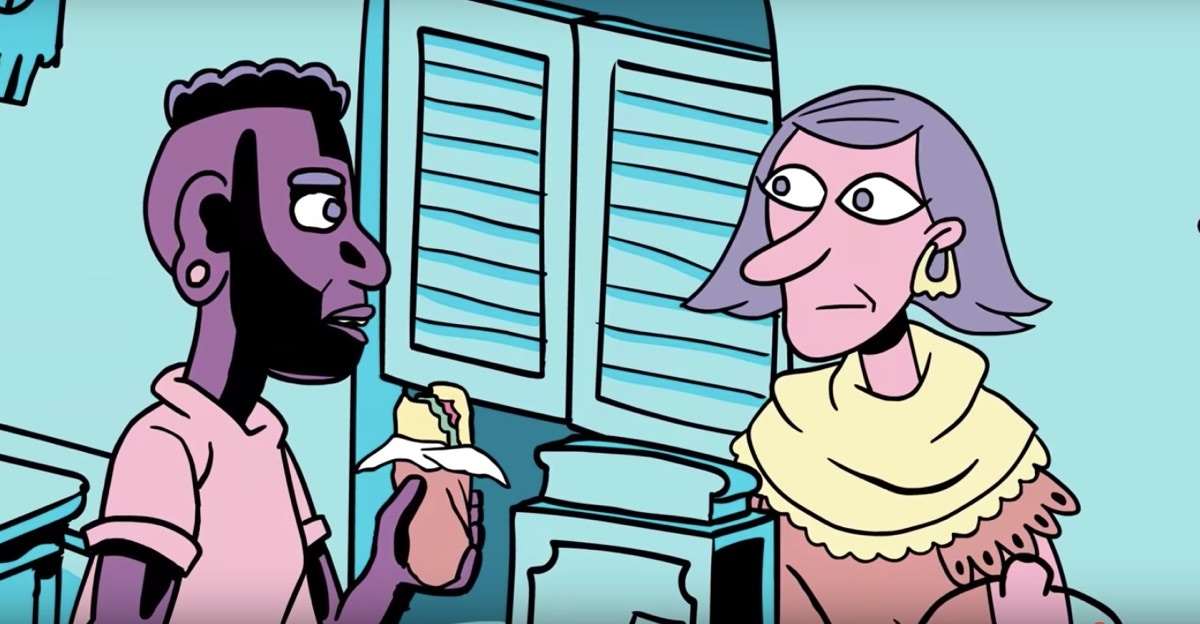 comic of a Black man holding a sandwich speaking to a white woman