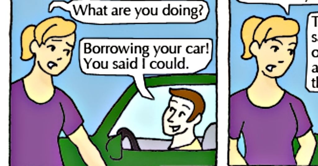 comic of a woman on the sidewalk speaking to a man in a car