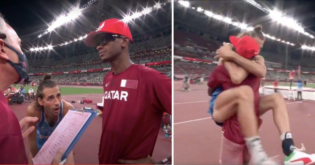 Qatar's Mutaz Essa Barshim and Italy's Gianmarco Tamberi celebrating