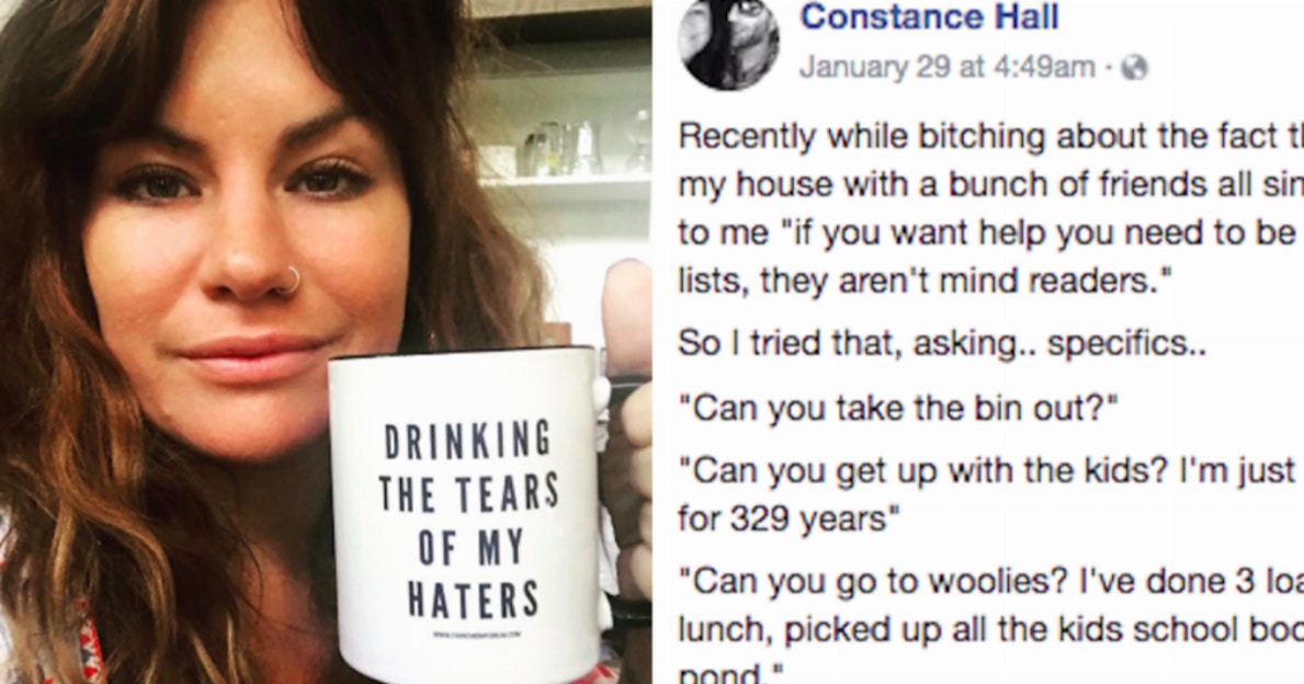 woman with mug that says, "Drinking the tears of my haters." ; Facebook post
