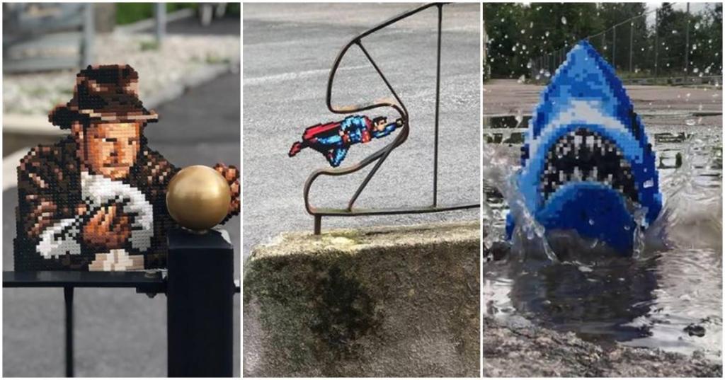 pixel street art of Indiana Jones, Superman, and Jaws