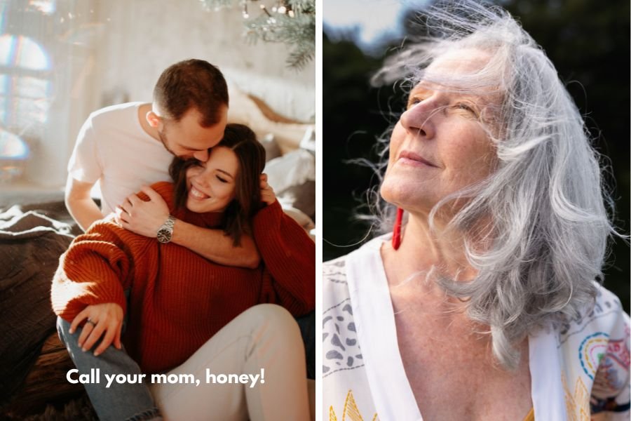 a husband and wife cuddling; an older woman with her hair blowing in the wind