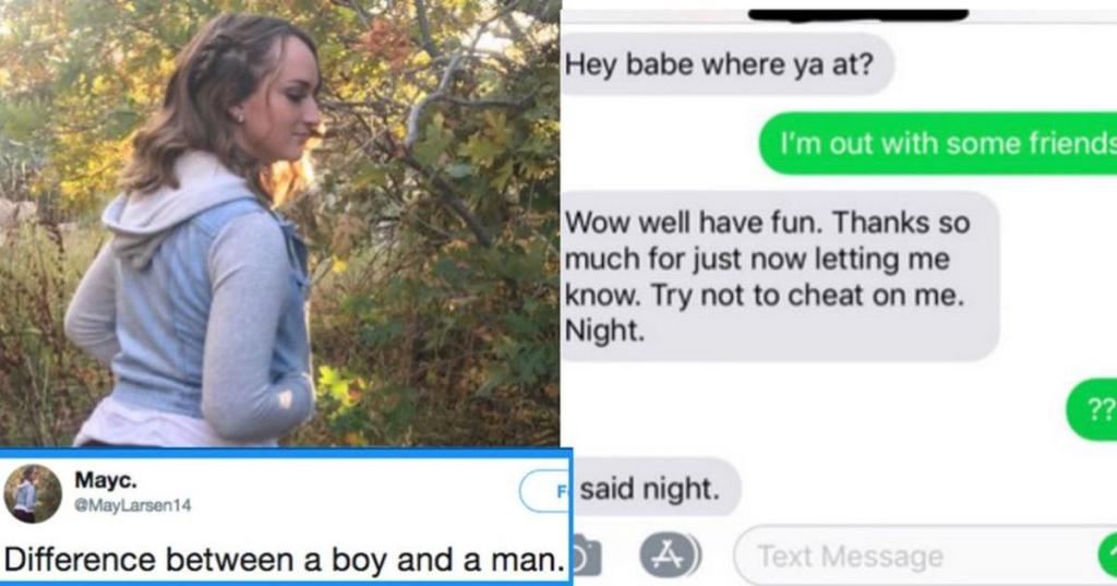 a woman in nature; a tweet overlay and screenshot of a text conversation