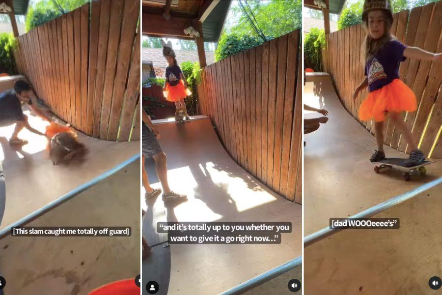 screenshots of a little girl skateboarding on a ramp