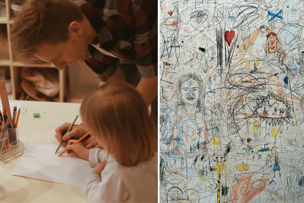 man and young girl drawing at a table; a picture of scribbles