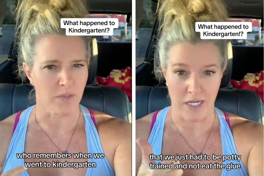 screenshots of woman speaking to camera beneath text that reads, "What happened to kindergarten?"