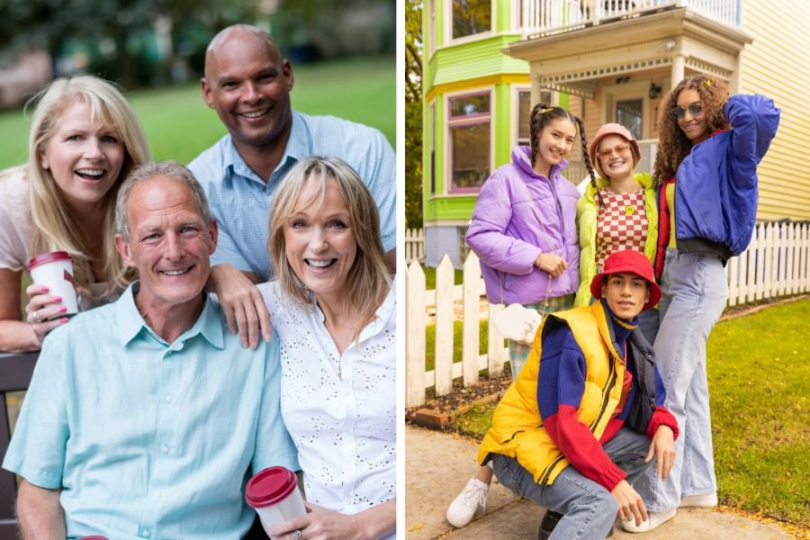 older adults posing for a photo; a group of young people posing for a photo