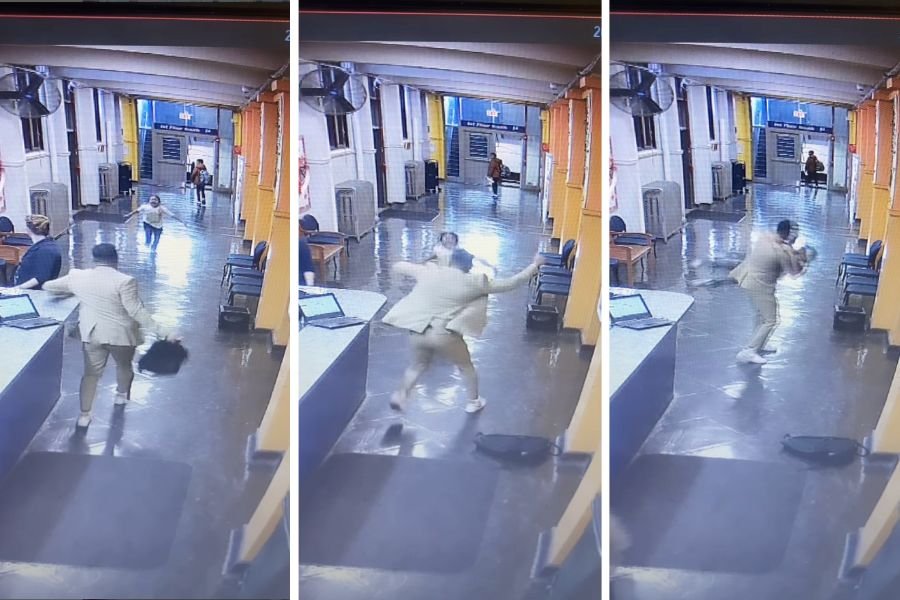 screenshots showing a man joyfully greeting a student