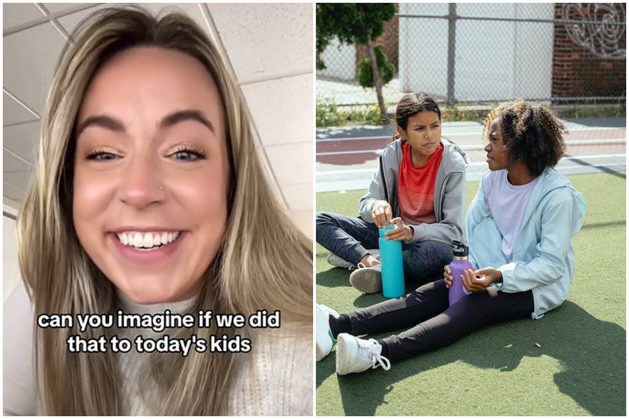 woman smiles behind text that reads, "can you imagine if we did that to today's kids;" two kids sitting with their reusable water bottles