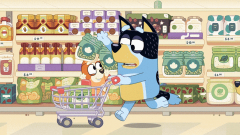 gif of Bandit, Bluey, and Bingo running through the grocery