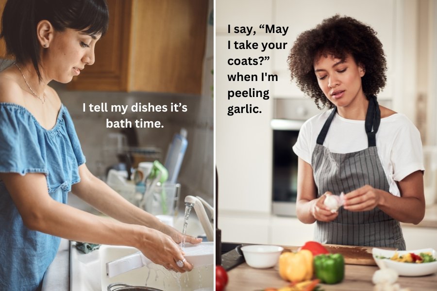 woman washing dishes, woman peeling garlic