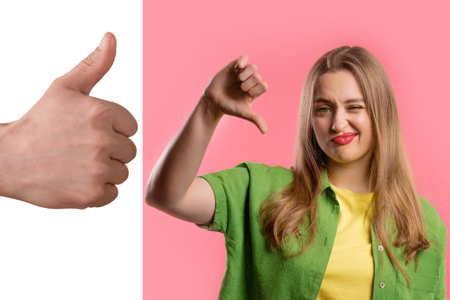 A thumbs up and a woman giving a thumbs down
