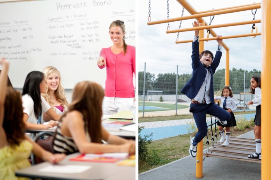 teacher in classroom with high schoolers; a child on the monkey bars