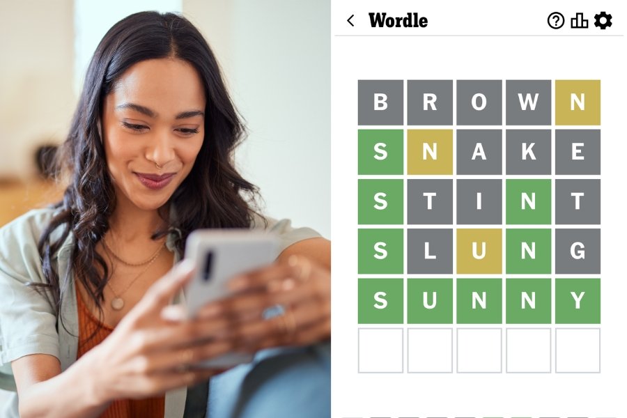 woman playing on phone and a wordle board