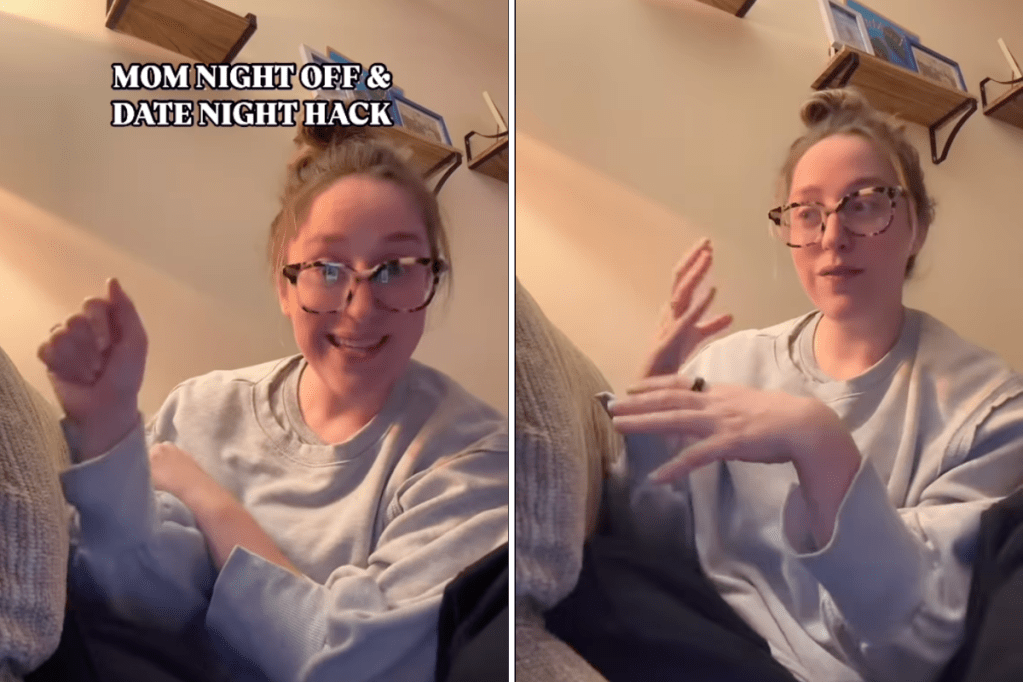 woman with hair in bun and gray sweatshirt speaking to camera under heading, "Mom Night Off & Date Night Hack"